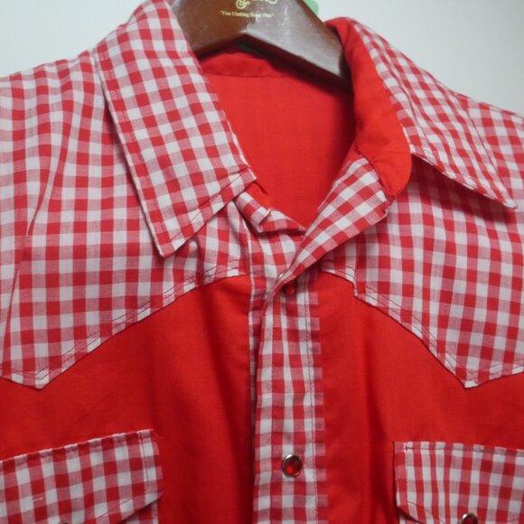 Vintage Red Western Shirt with Gingham Trim Pearl Snap Mens XL - Picture 10 of 16